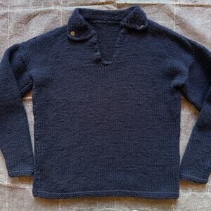 Men's Vintage 70's Hand Chunky Knit Navy Blue Fisherman Pullover Sweater Sz XL